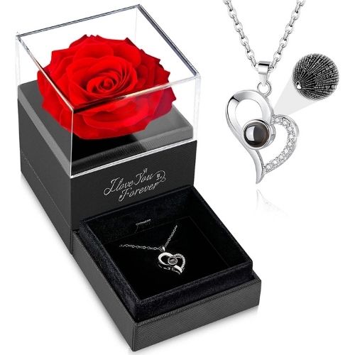 Preserved Rose Jewelry Box w/ “I Love You” 100 Languages Necklace